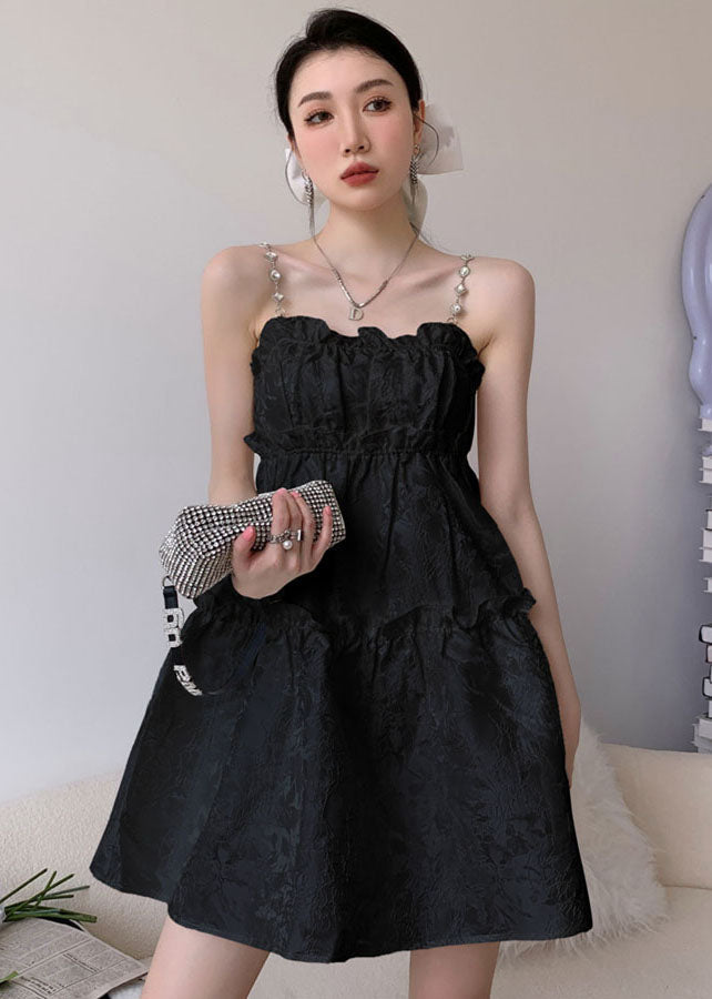 Jacquard Spaghetti Strap Pearl Rhinestone Ruffle Neck Tiered Mini Dress