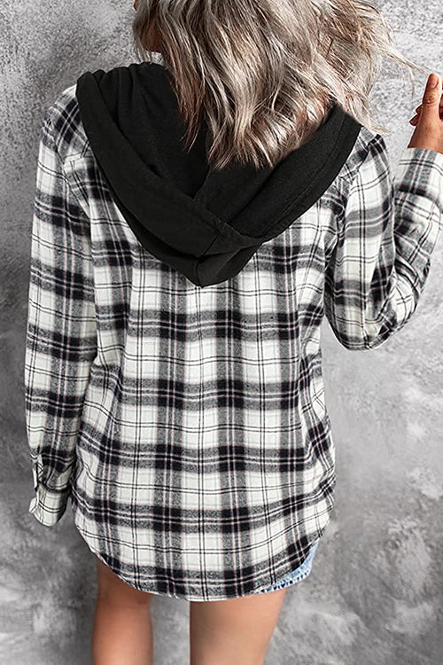 Flannel Plaid Button Down Hoodie Top
