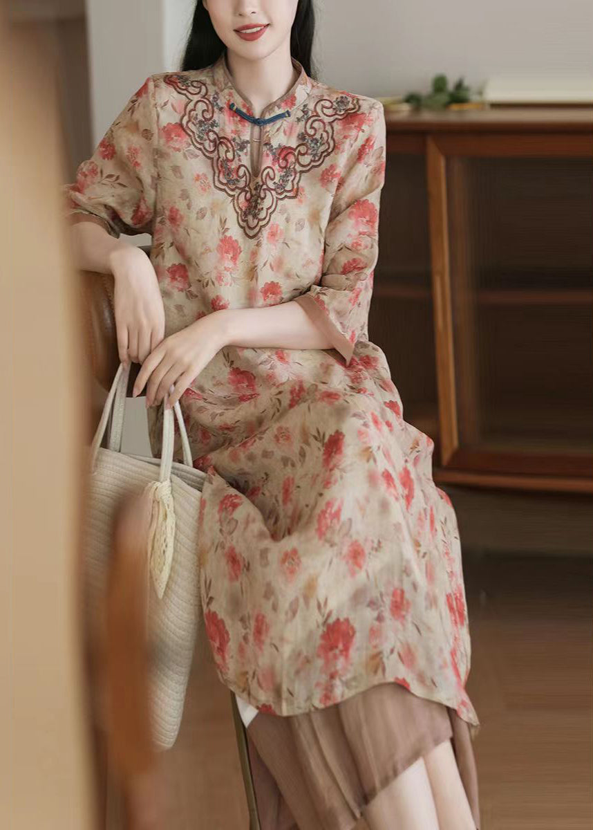 Floral Print Mandarin Collar Frog Button Chest Embroidery 3/4 Sleeve Midi Dress