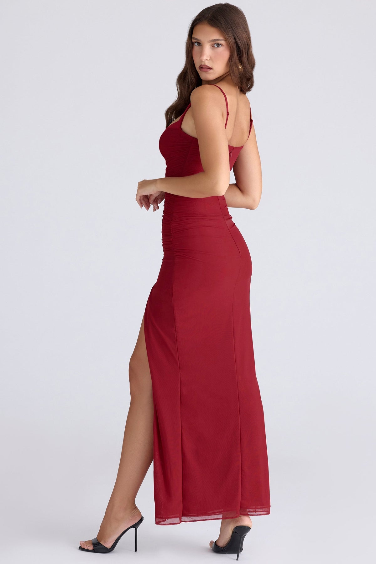 Mesh Corset Bodice Ruched Square Neck High Split Maxi Dress 2