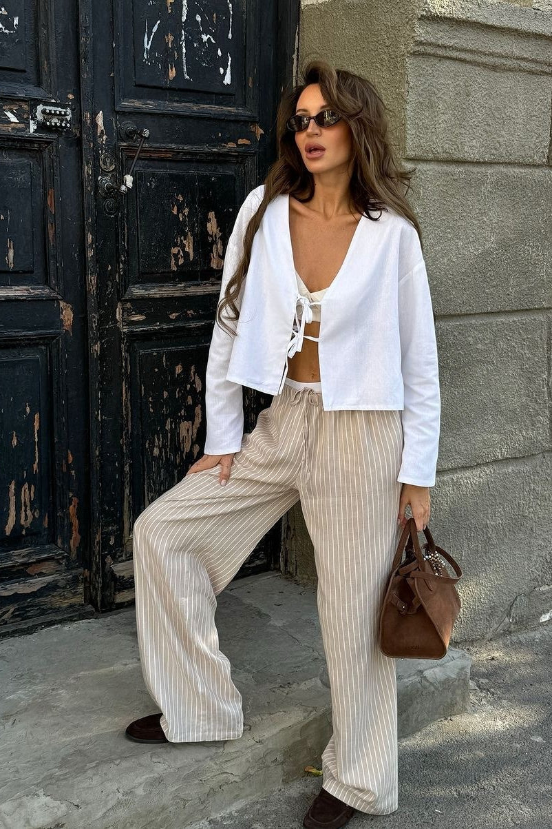 Deep V-Neck Long Sleeve Tie Front Cropped Blouse