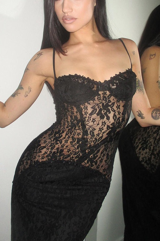 Sheer Lace Corset Sweetheart Spaghetti Strap Column Maxi Gown