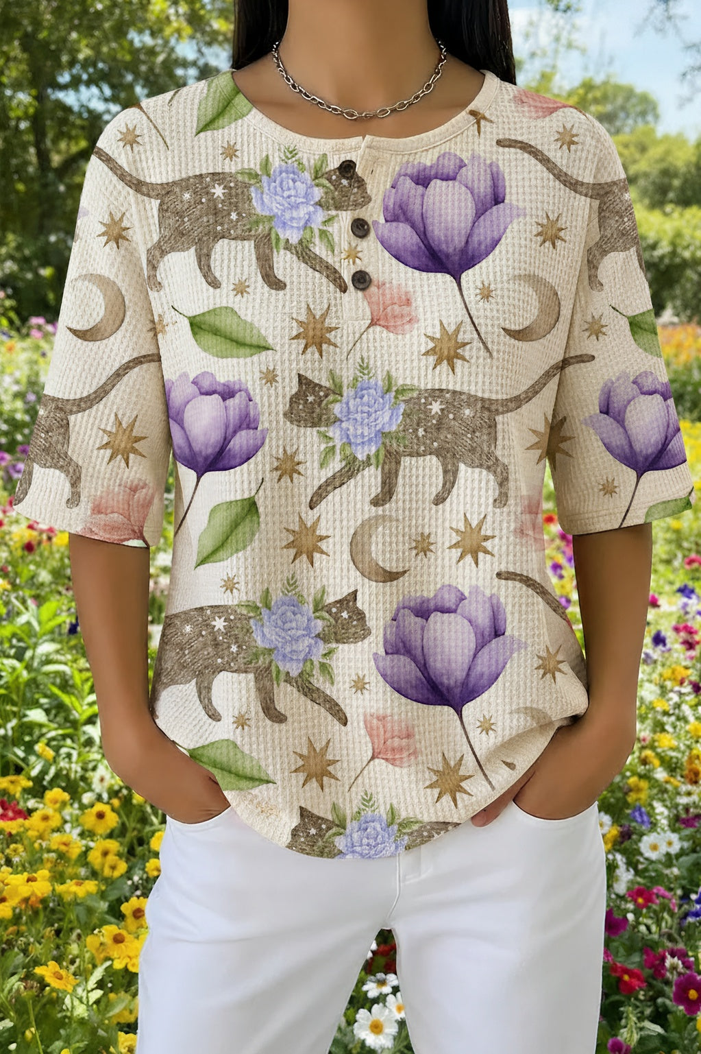 Womens Cream Purple Floral Leopard Cat Print Casual Shirt