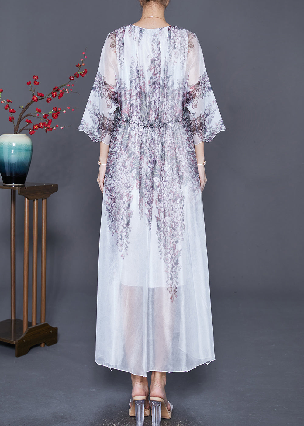Wisteria Floral Print Sheer Chiffon Three Quarter Sleeve Drawstring Waist Maxi Dress
