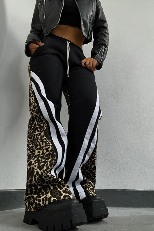 Leopard Print Panel Striped Drawstring Waist Fleece Sweatpants 5