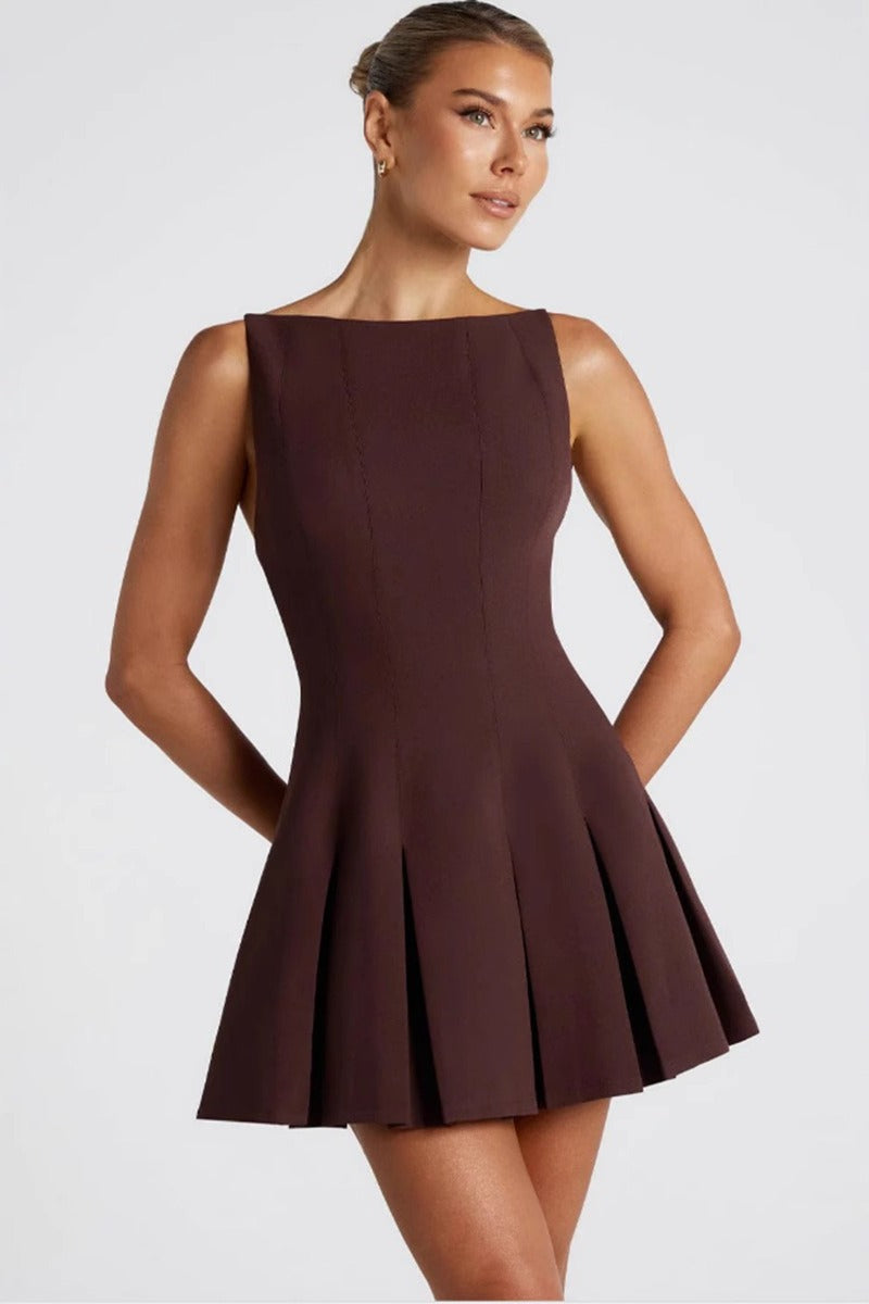 Boat Neck Sleeveless Knife Pleat Fit and Flare A-Line Mini Cocktail Dress