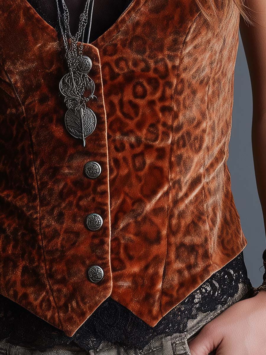 Caramel Velvet Leopard Lace Button Vest