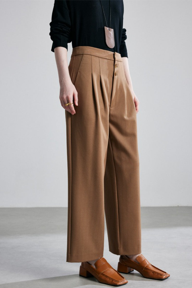 High Waist Pleated Button Fly Cropped Wide Leg Trousers