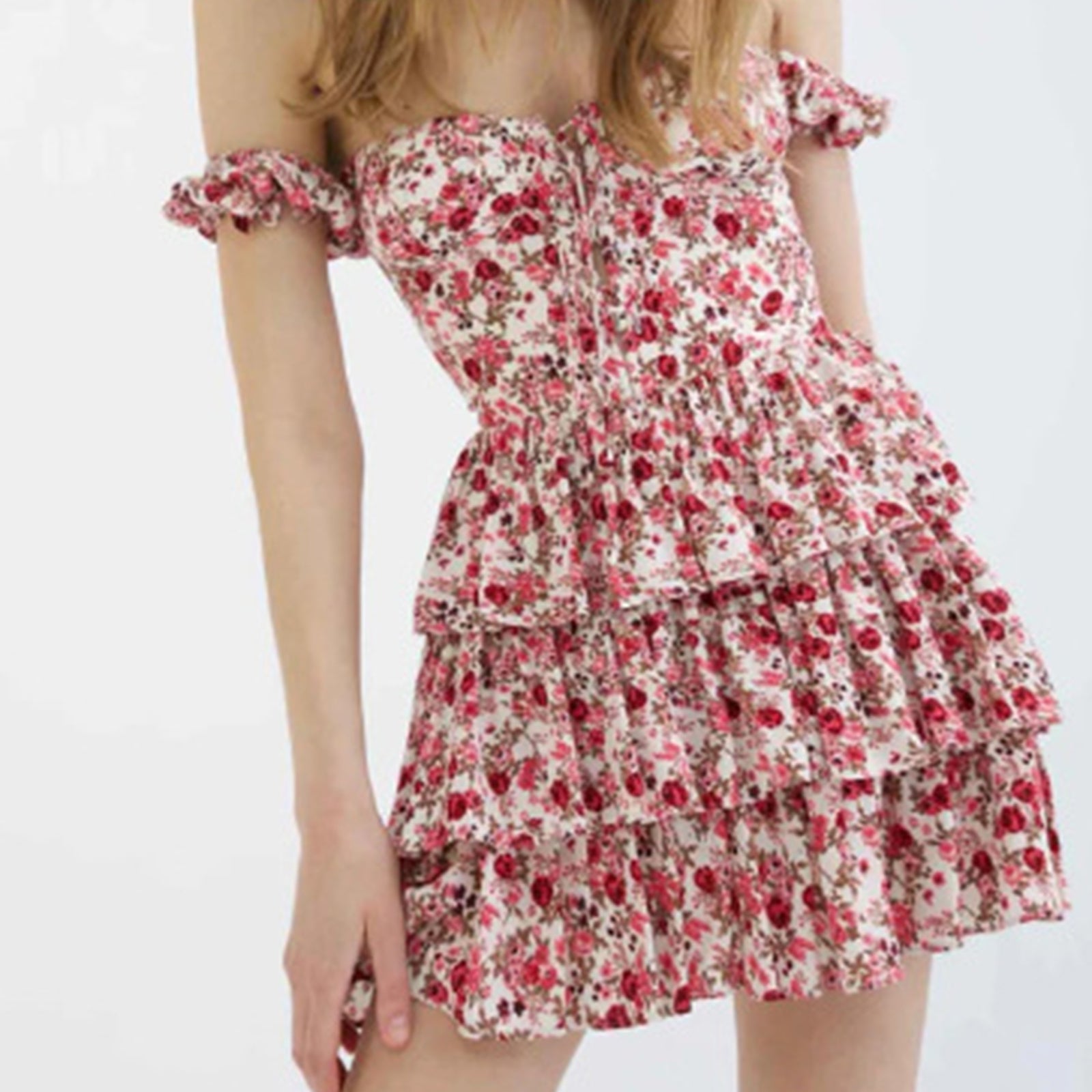 Floral Off Shoulder Sweetheart Bustier Tiered Ruffle Mini Dress