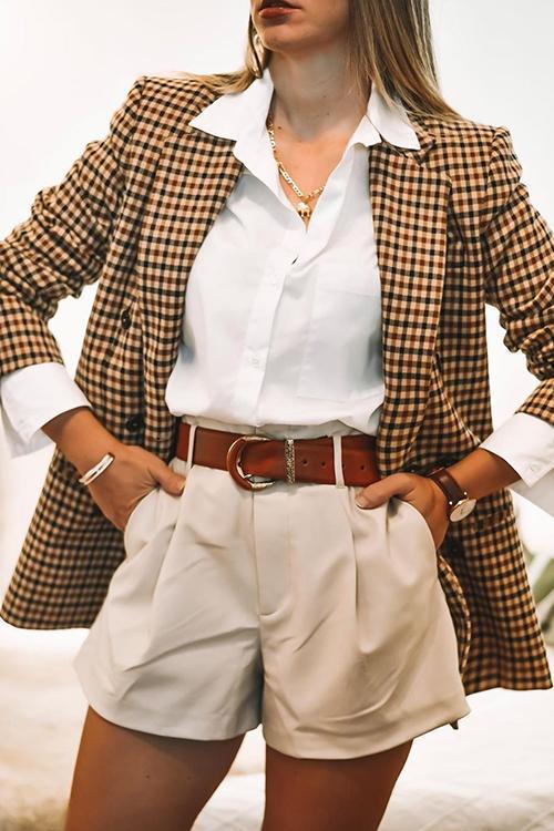 Plaid Button Long Sleeve Blazer