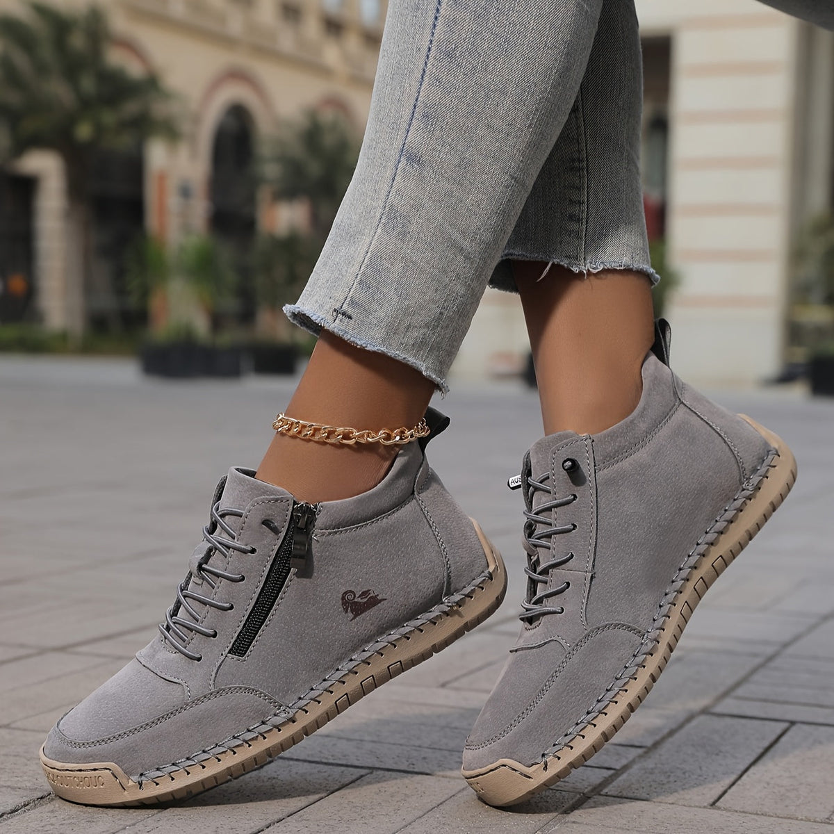 Lace Up Side Zip Stitched Ankle Boots