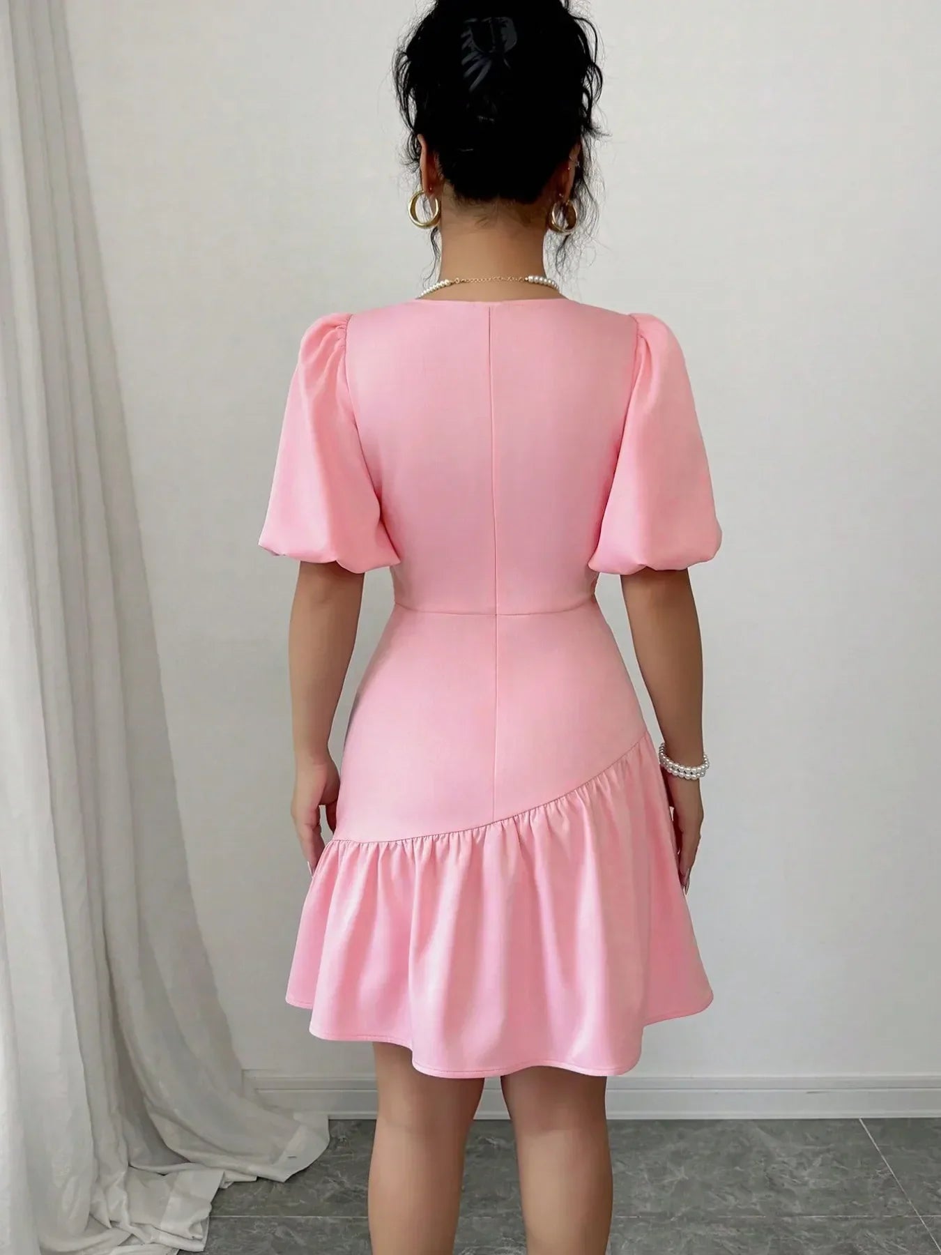 Ruffled Hem Puff Sleeve Mini Dress
