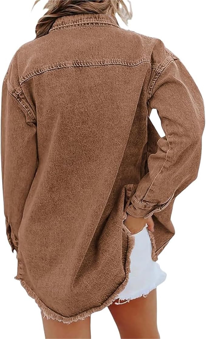 Frayed Hem Button Front Denim Shirt Jacket