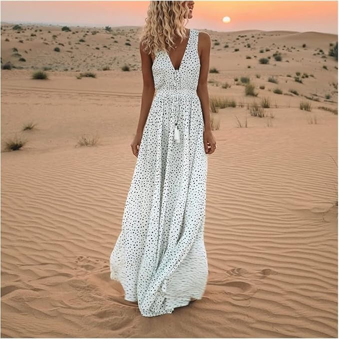 Ismena - Boho Polka Dot Maxi Dress White