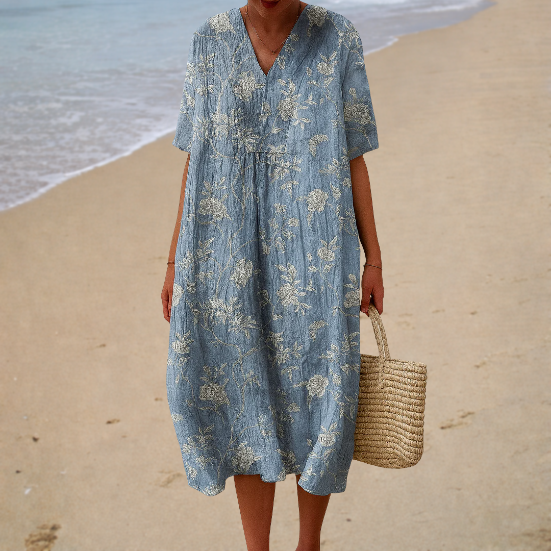 Floral Print V-Neck Short Sleeve Oversized Midi Dress