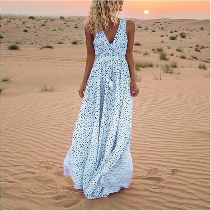 Ismena - Boho Polka Dot Maxi Dress Sky Blue