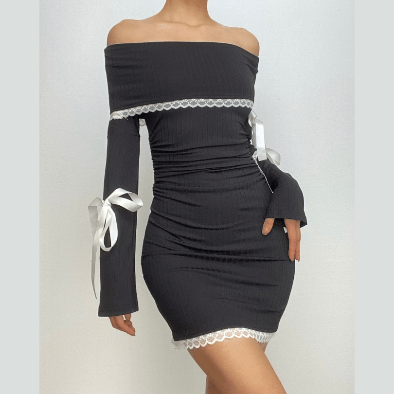 Ribbed Off Shoulder Long Sleeve Lace Trim Bow Bodycon Mini Dress