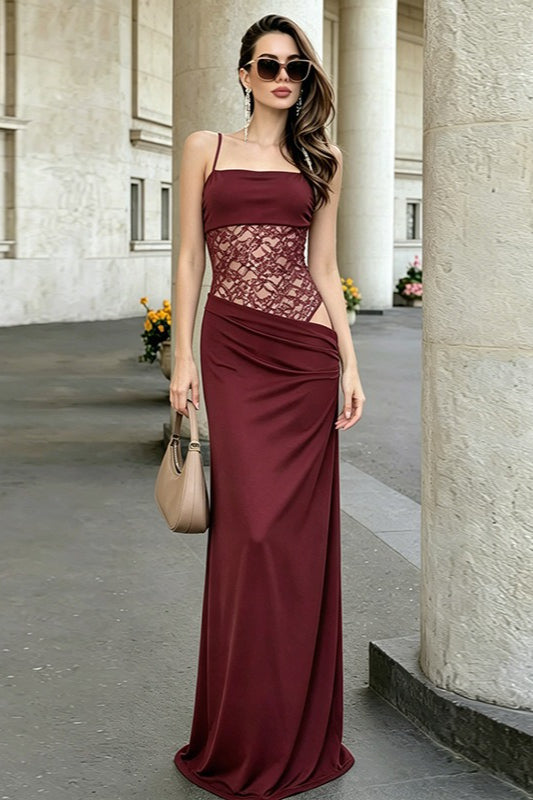Lace Panel Cami Lace-Up Waist Cutout Lace Dress