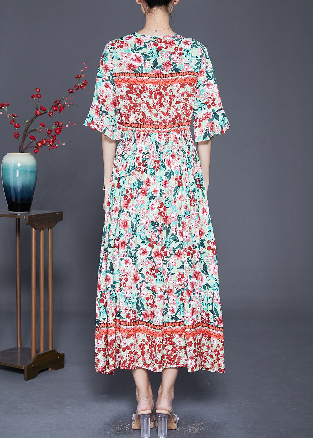 V-Neck Butterfly Sleeve Smocked Waist Border Print Maxi Dress