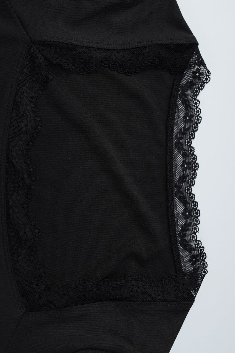 Square Neck Lace Trim Slim Fit Long Sleeve Tee