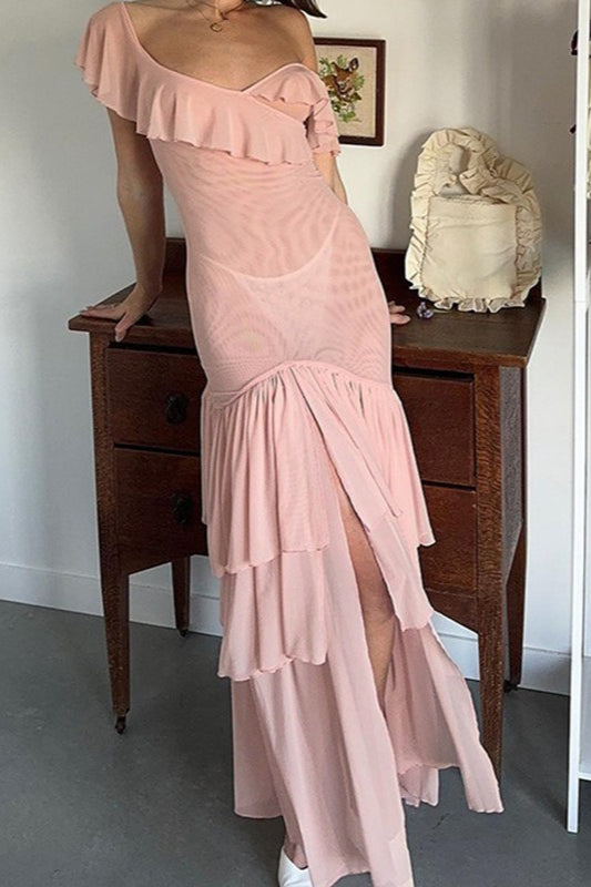 One Shoulder Ruffle High Split Tiered Maxi Dress