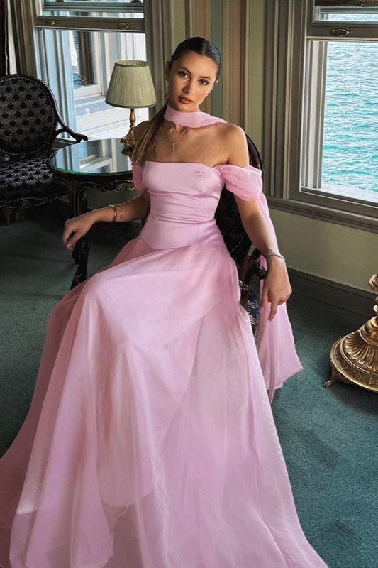 Off-the-Shoulder Sheer Mesh Satin Dress