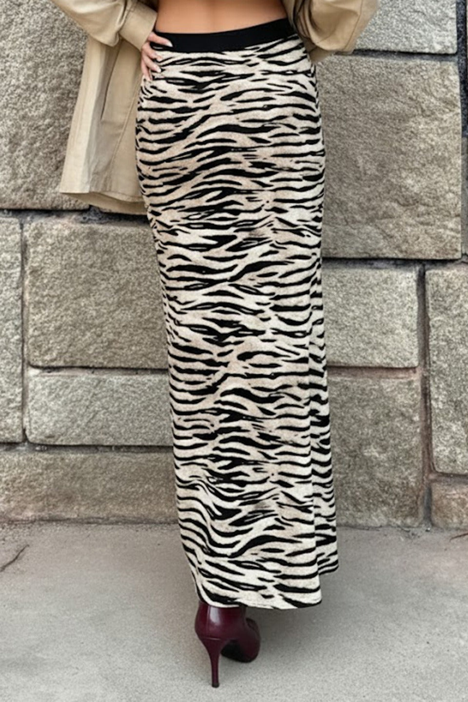 Zebra Print Contrast Waistband Slim Fit Maxi Skirt 4