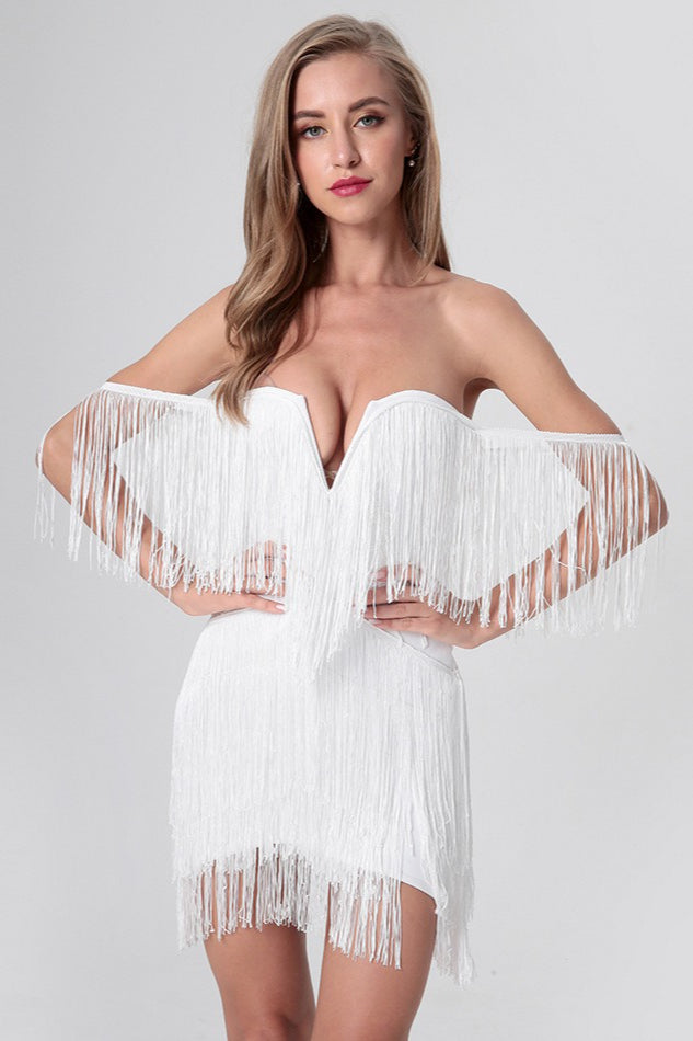 Fringe Tassel Off Shoulder Plunging V-Neck Bodycon Mini Cocktail Dress