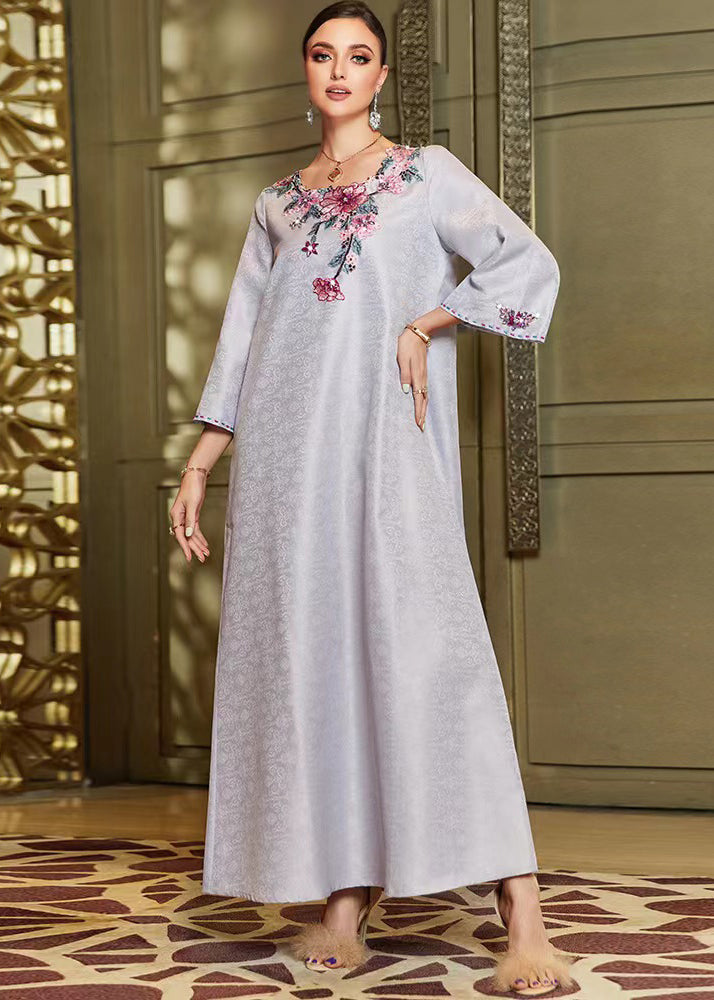 Jacquard Floral Embroidery Round Neck Bell Sleeve Kaftan Maxi Dress