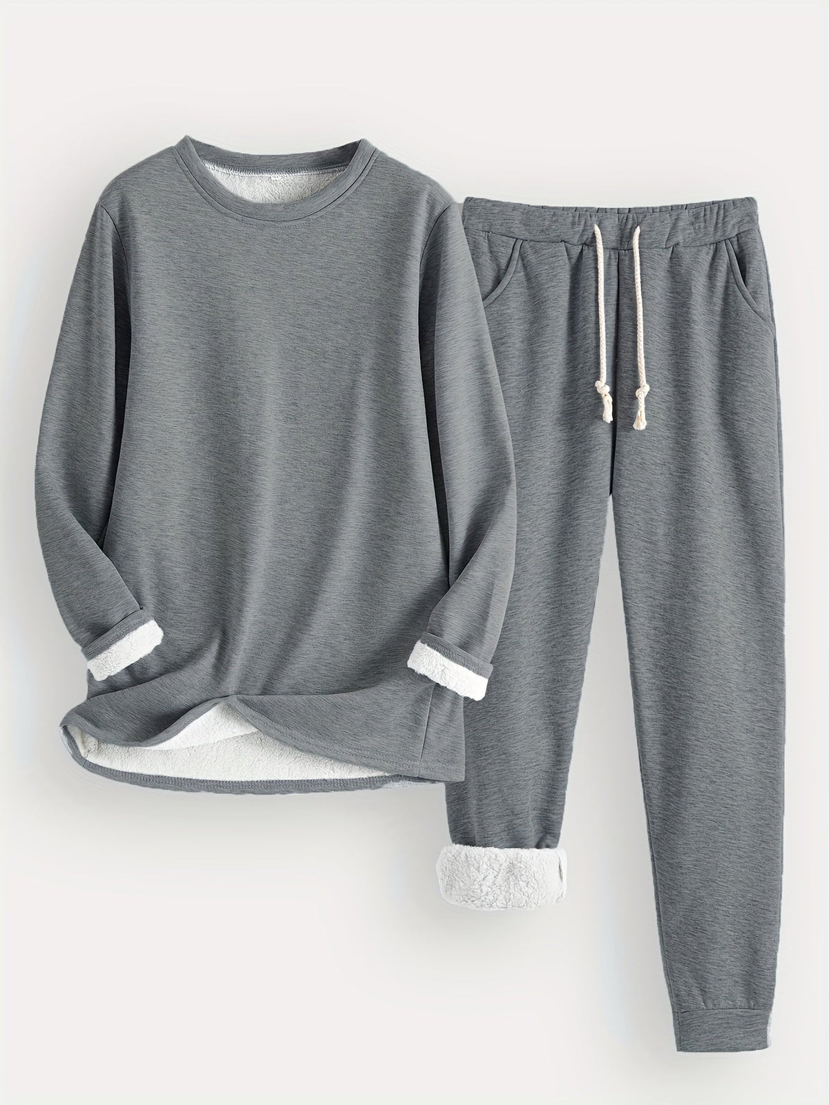 Fleece Lined Crew Neck Top and Jogger Pants Two Piece Set