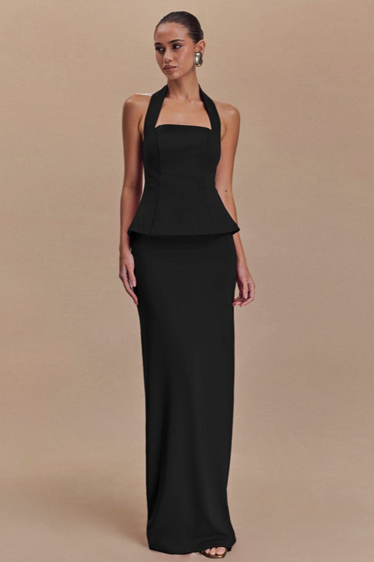 Halter Neck Backless Peplum Maxi Gown
