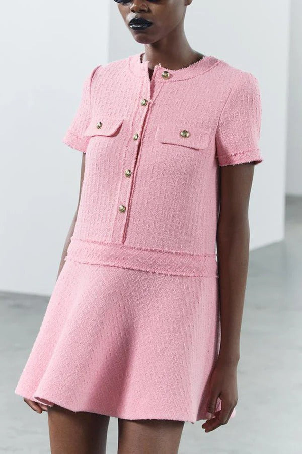 Textured Boucle Gold Button Short Sleeve A-Line Mini Dress