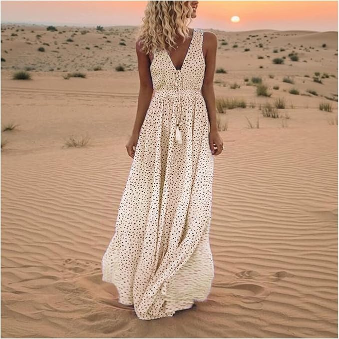 Ismena - Boho Polka Dot Maxi Dress Beige