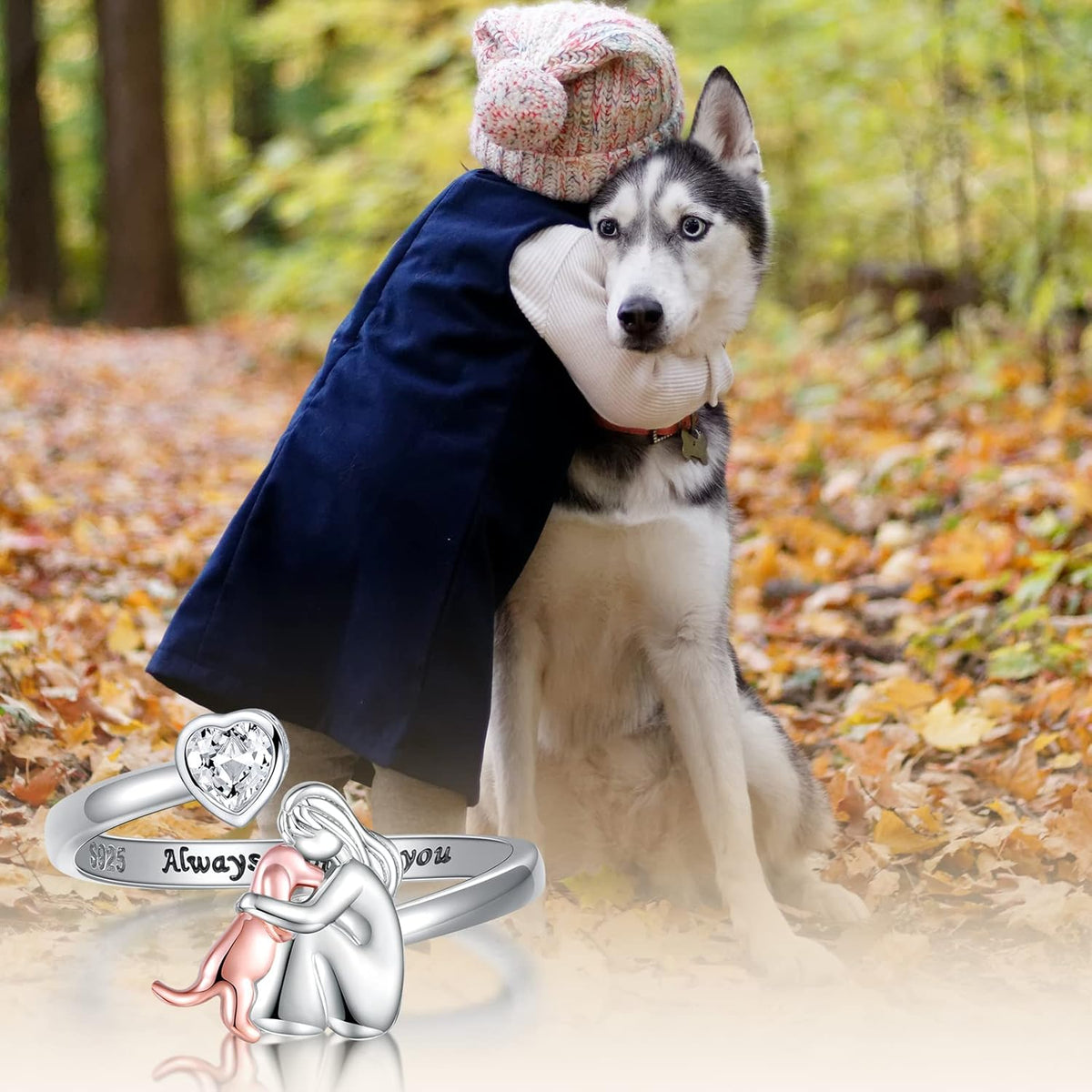 Heart Cut Stone Girl and Dog Adjustable Ring