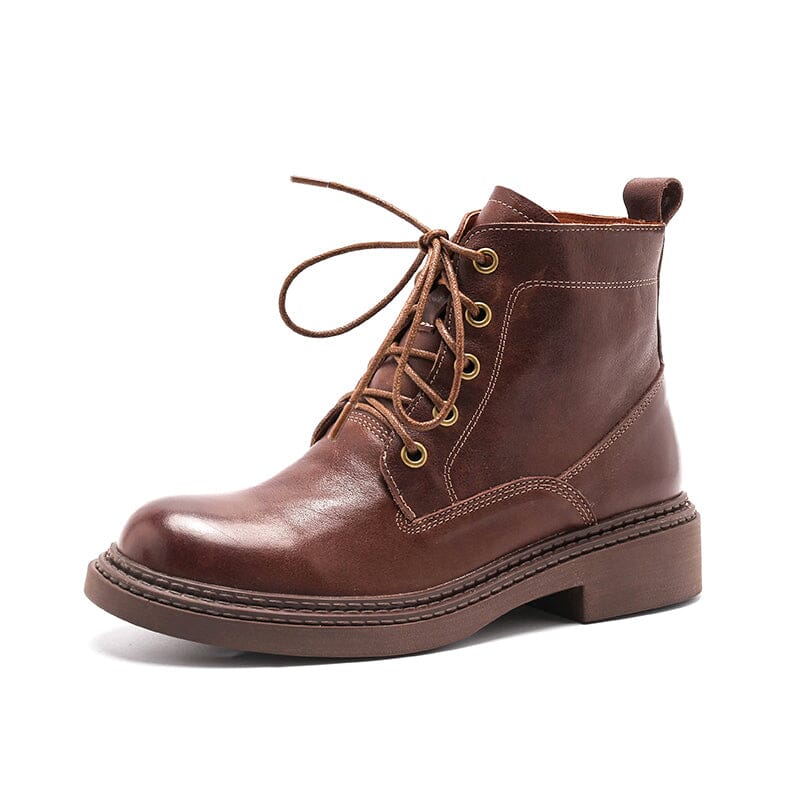 Retro Boots Brush-Off Leather Round Toe Low Heel Bottine Flat Ankle Boots Black/Coffee