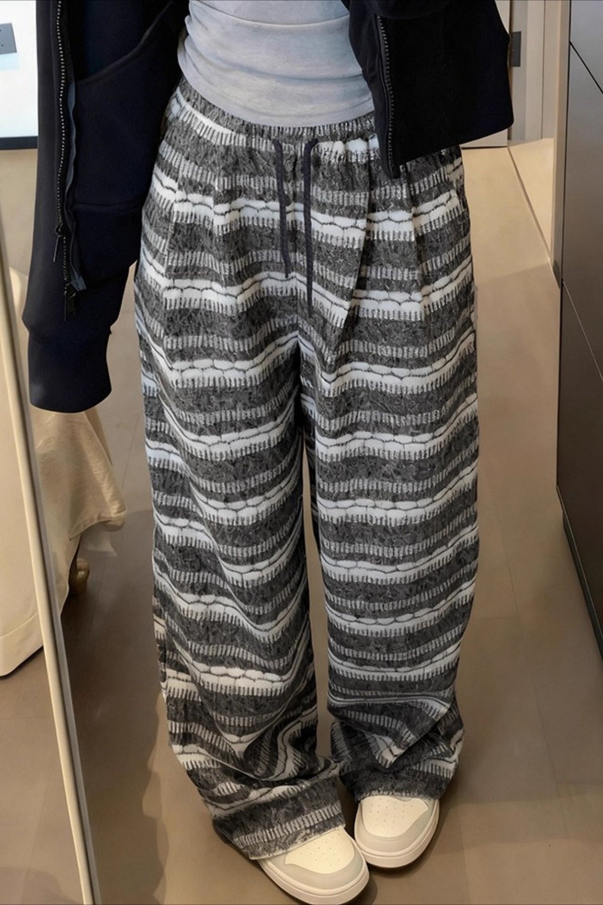 Striped Textured Knit Drawstring Waist Wide Leg Pants 5