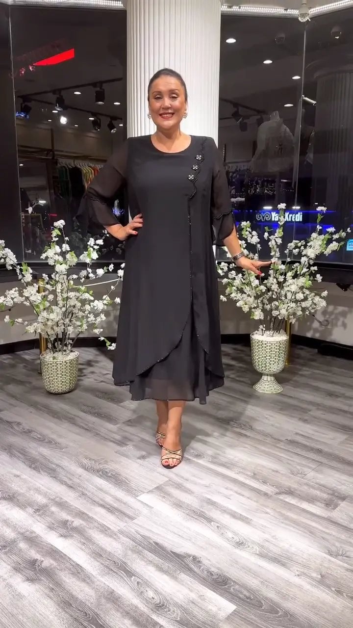 Chiffon Floral Applique Bell Sleeve Asymmetrical Tiered A-Line Midi Dress