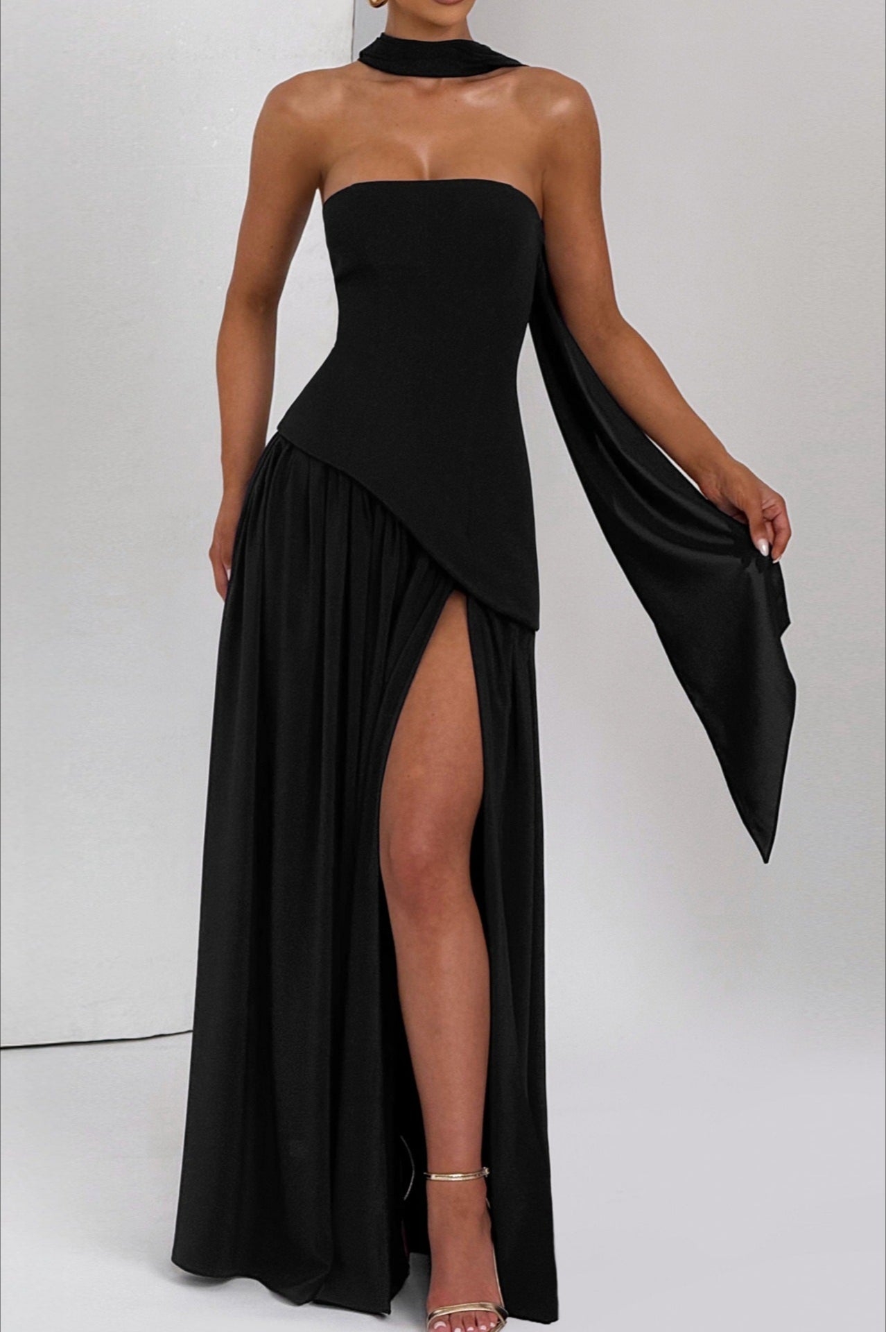 Colorblock Halter Neck High Split Maxi Dress