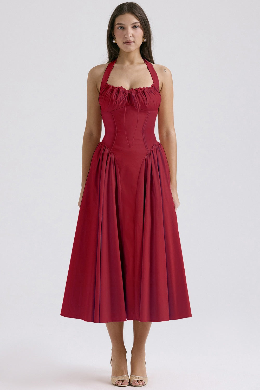 Halter Neck Ruched Corset Fit and Flare Midi Dress