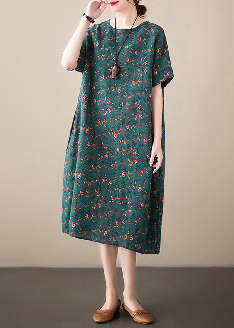 Ditsy Floral Print Crew Neck Short Sleeve Loose Shift Midi Dress