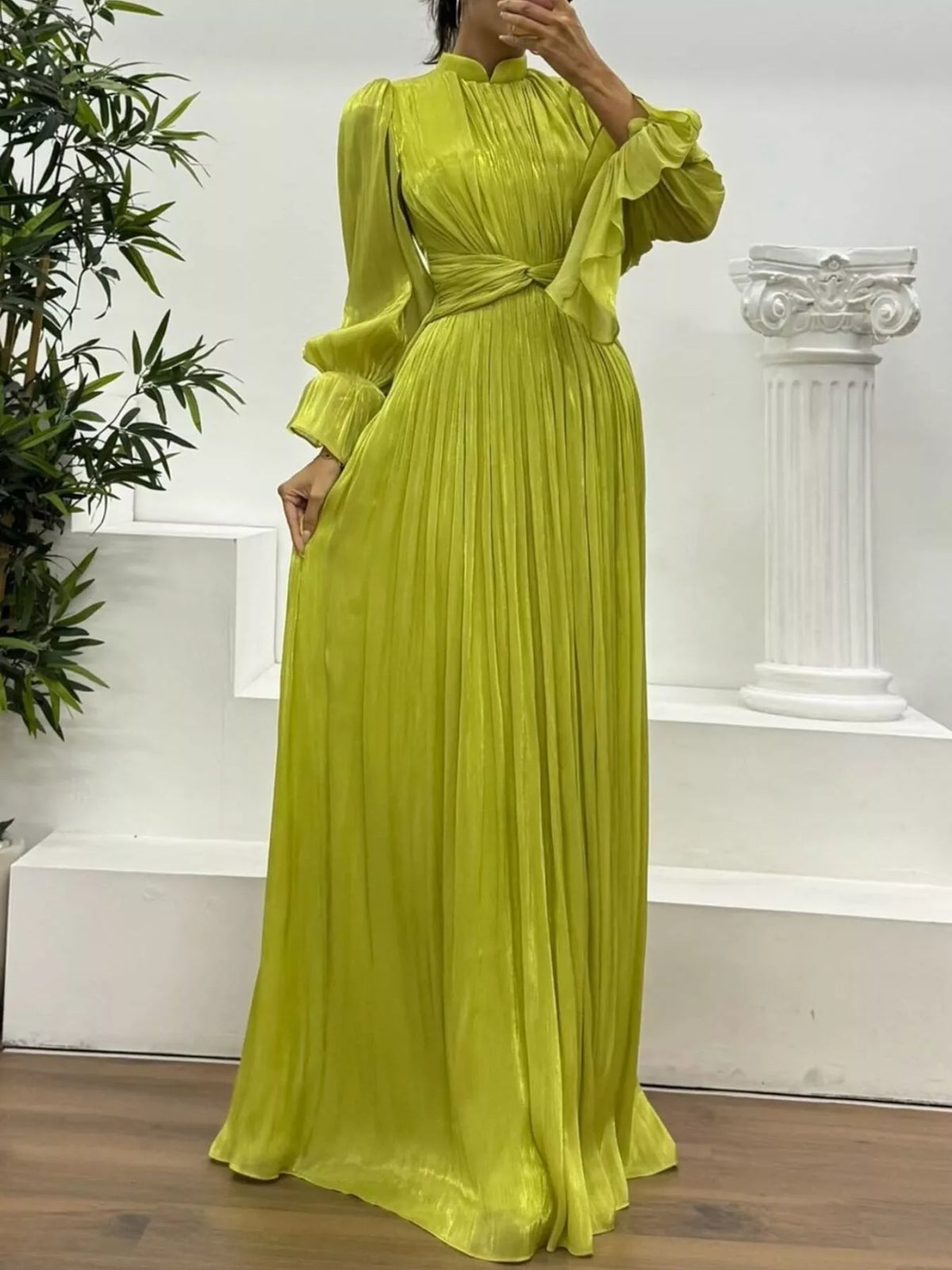Pleated Satin Mock Neck Flared Bell Sleeve Twist Waist Maxi Gown 6
