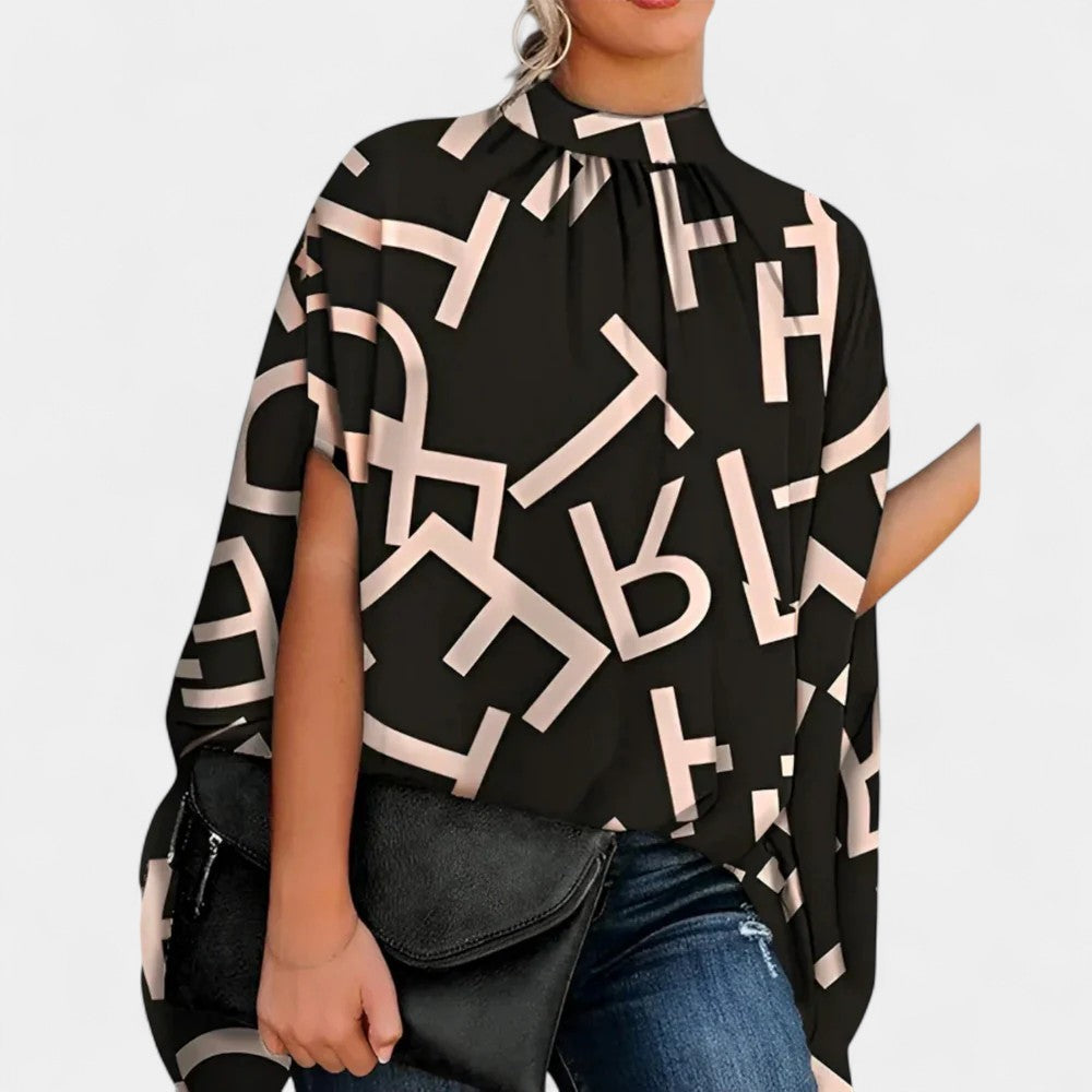 Abstract Face Print Mock Neck Batwing Sleeve Blouse 3