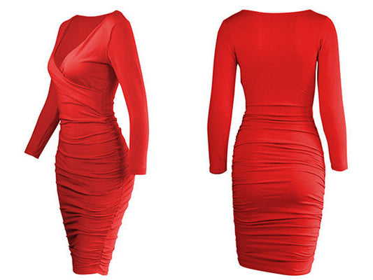 Deep V-Neck Long Sleeve Ruched Bodycon Midi Dress