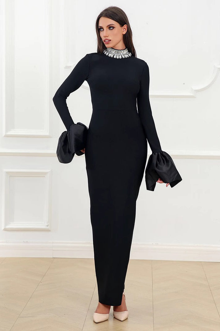 Rhinestone High Neck Puff Sleeve Bodycon Maxi Dress