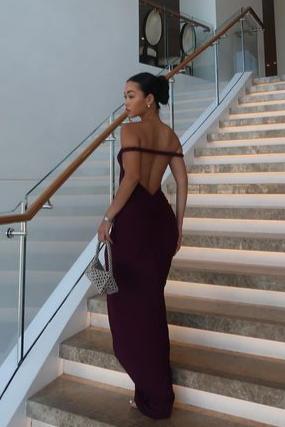 Off Shoulder Fold Over Sleeve Knit Bodycon Floor Length Gown