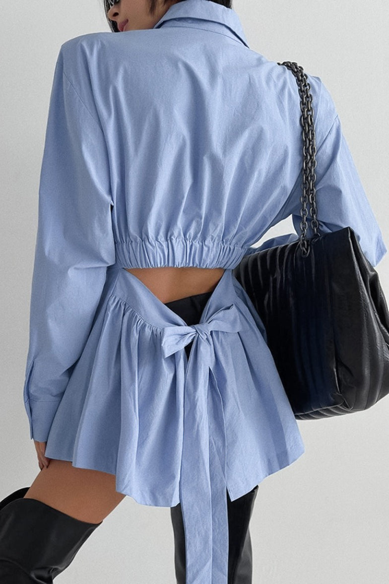 Collared Long Sleeve Padded Shoulder Pleated Mini Shirt Dress 3
