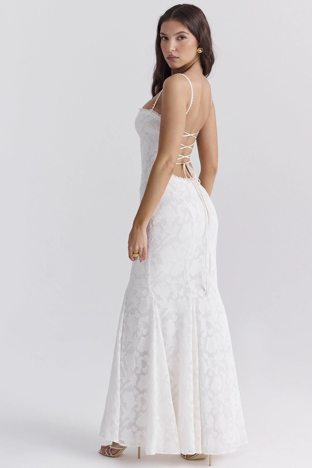 Tie Waist Sling Embroidered Mermaid Lace Dress 9