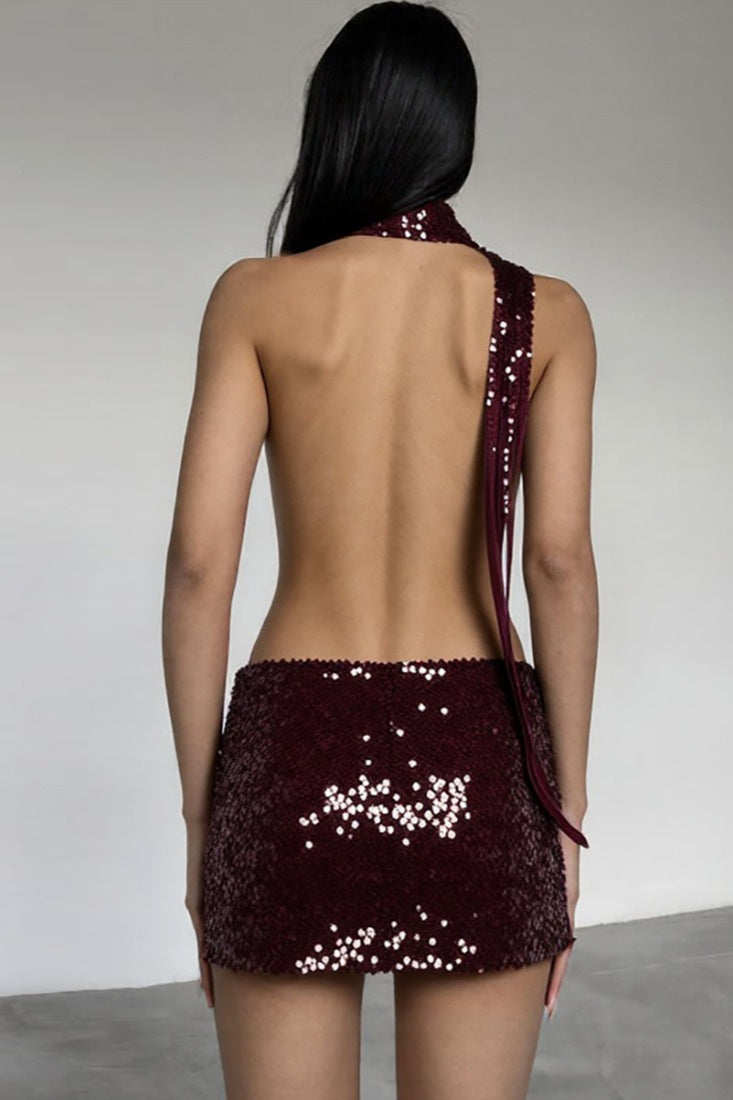 Sequin Halter Neck Plunge Backless Asymmetric Hem Mini Dress