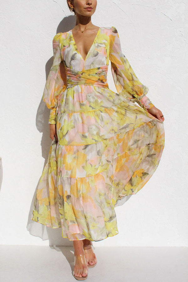 Abstract Floral Print Deep V-Neck Bishop Sleeve Tiered Wrap Waist Maxi Dress