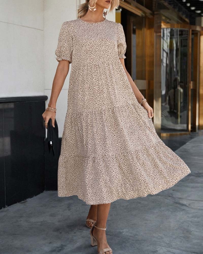Leopard Print Crew Neck Puff Sleeve Tiered Smock Midi Dress